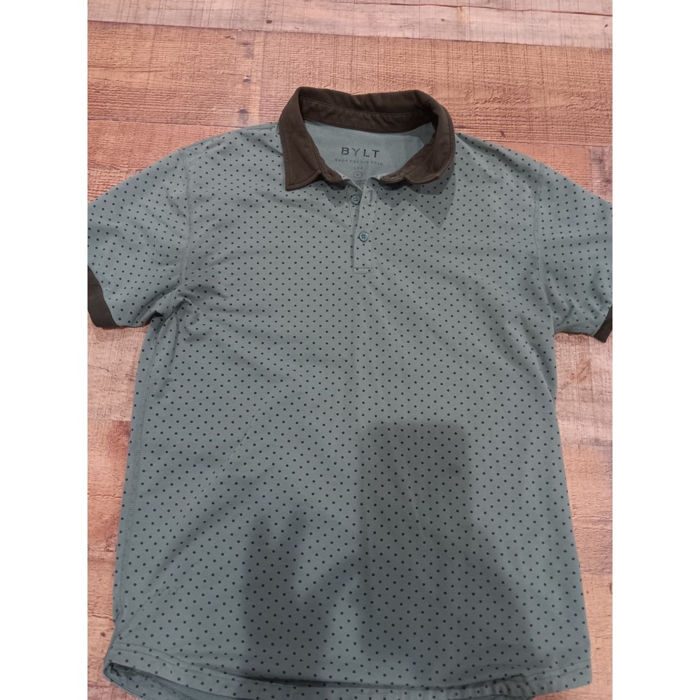 BYLT Premium Basics Drop Cut Green Polka Dot Short Sleeve Lux Polo ‎ Medium 2397